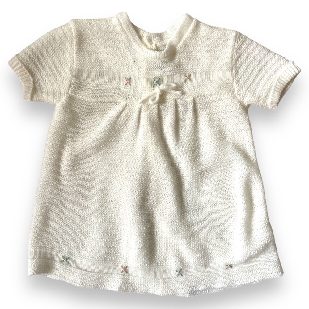 VINTAGE Dress Knit Top Shirt Sweater Jumper Cottagecore White Floral Ruffle